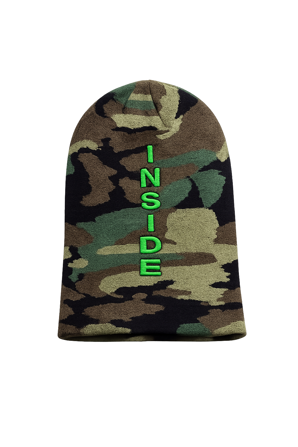 Woodland camo beanie with INSIDE embroidered vertically in green
