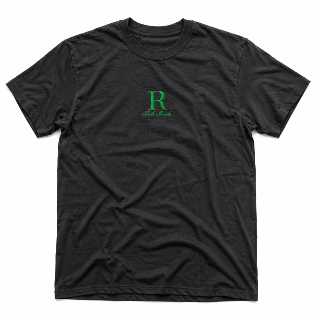 Black Rich Inside tee with a small green R emblem on the chest