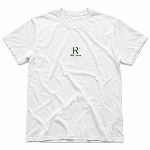White Rich Inside tee with a small green R emblem on the chest