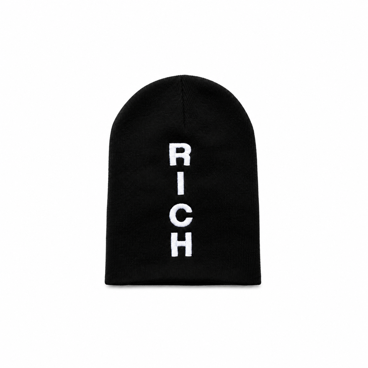 Black beanie with RICH embroidered vertically in white