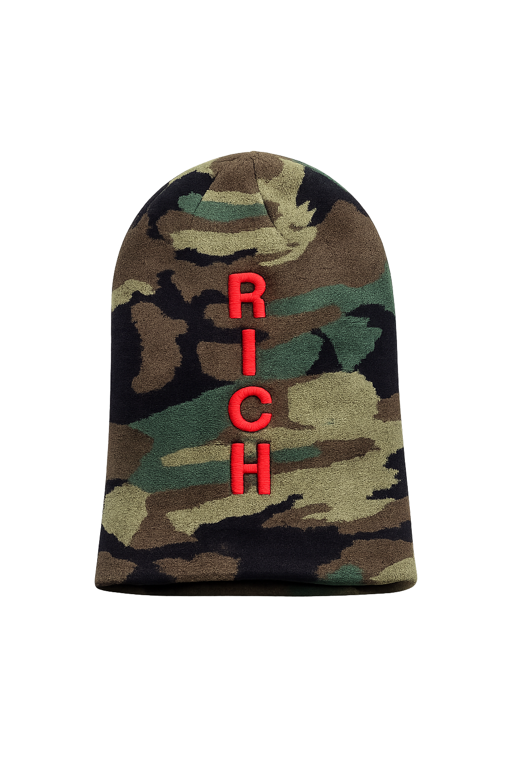 Woodland camo beanie with RICH embroidered vertically in red