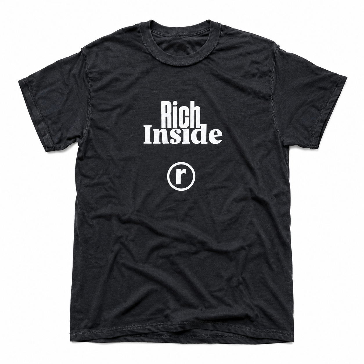 Black Rich Inside tee with stacked Rich Inside wordmark and r bubble logo