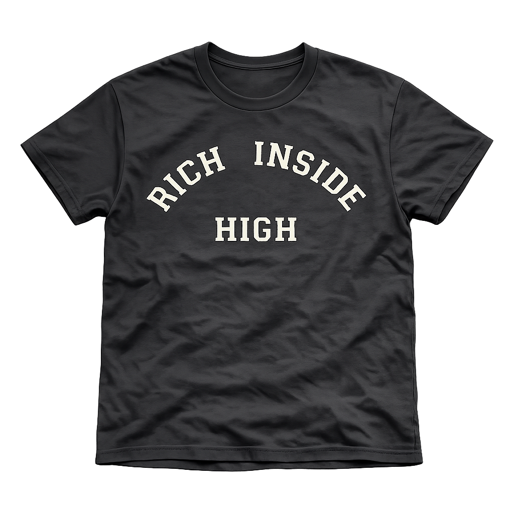 Black Rich Inside tee with arched RICH INSIDE HIGH varsity lettering in white