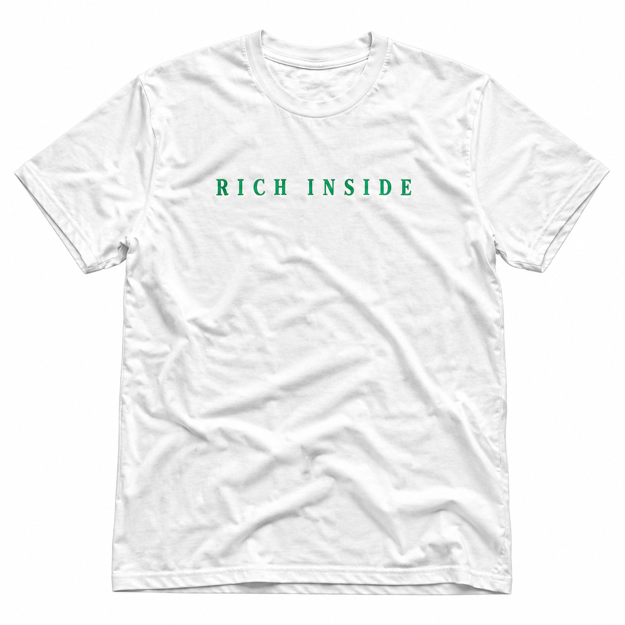 White Rich Inside tee with RICH INSIDE spaced in green