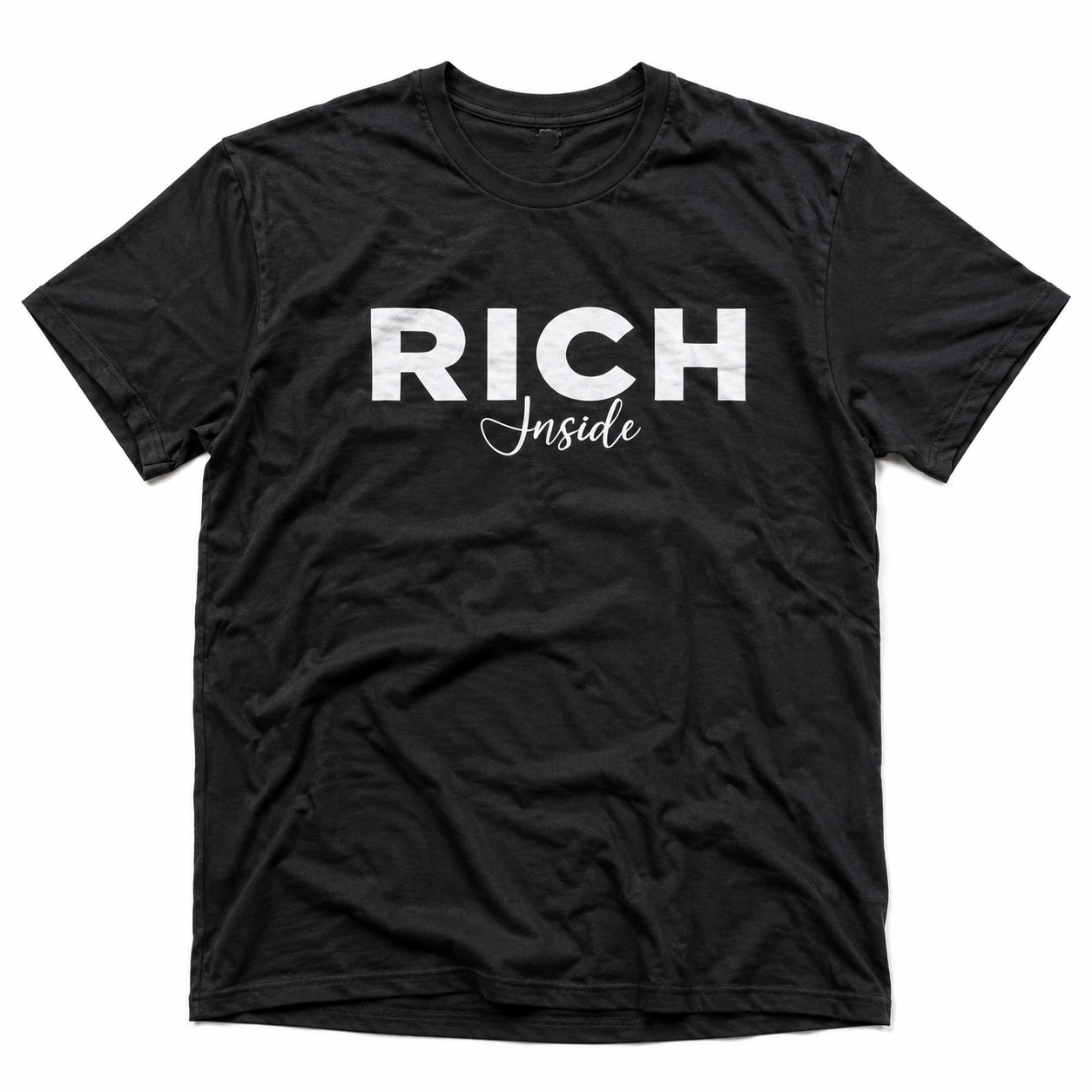 Black Rich Inside tee with bold RICH and script Inside in white