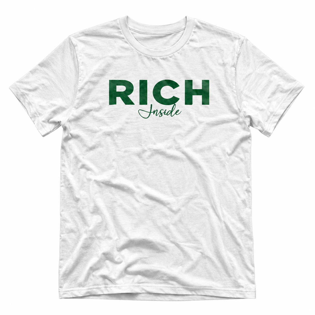 White Rich Inside tee with bold RICH and script Inside in green