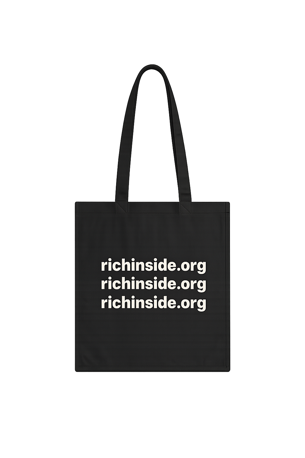 Black canvas tote bag with richinside.org repeated three times in white
