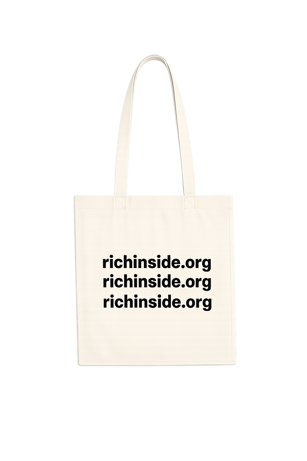 Natural canvas tote bag with richinside.org repeated three times in black
